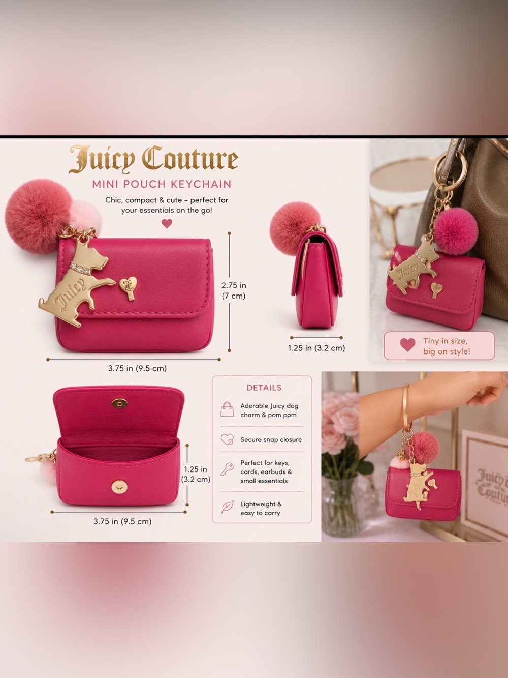Juicy Couture Hot Pink Mini Pouch Keychain with Pom Pom